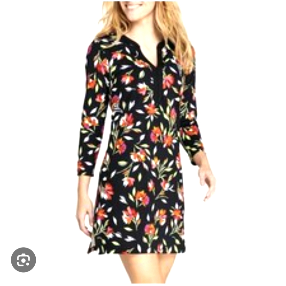 Lands' End Black Floral Long Sleeve Swim Cover-up Dress